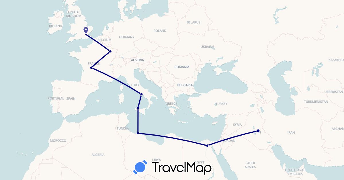 TravelMap itinerary: driving in Egypt, France, United Kingdom, Iraq, Italy, Libya (Africa, Asia, Europe)